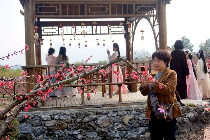 桃花節(jié)在九陂鎮(zhèn)開(kāi)幕，迎來(lái)八方游客。清遠(yuǎn)日?qǐng)?bào)記者 周璐攝。